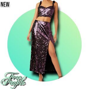 New NWT Free People Star Bright Sequin Two-Piece Crop Top & Midi Skirt - sz4